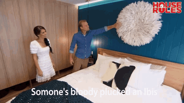a man and a woman are standing in front of a bed with the words somone 's bloody plucked an ibis below them