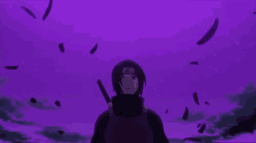itachi uchiha from naruto is standing in front of a purple background .