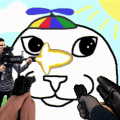 a cartoon of a cat with a rainbow hat on its head