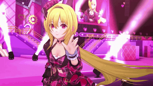a girl with long blonde hair is standing in front of a stage