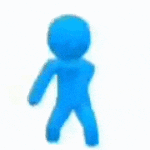 a blue man is standing on a white background and dancing .