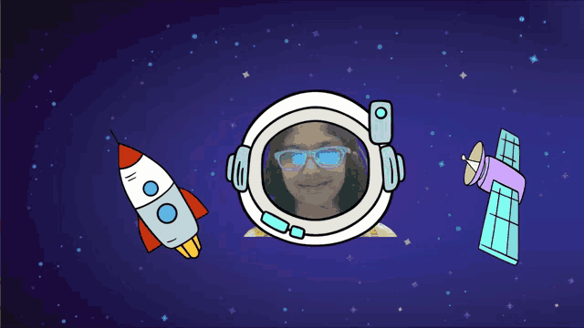 a girl wearing glasses and an astronaut 's helmet with a rocket and satellite in the background