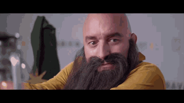a bald man with a beard and mustache is looking at the camera