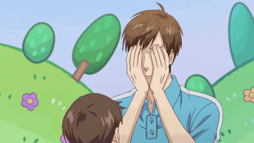 a man covering his face with his hands in a cartoon scene