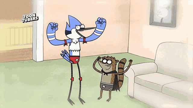 a cartoon of regular show characters flexing their muscles