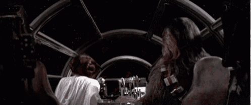 princess leia and chewbacca are hugging each other in a star wars movie .
