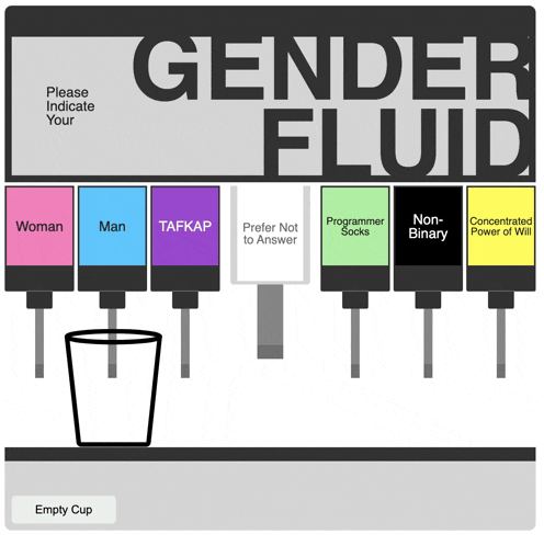 a drink dispenser that says gender fluid on the top
