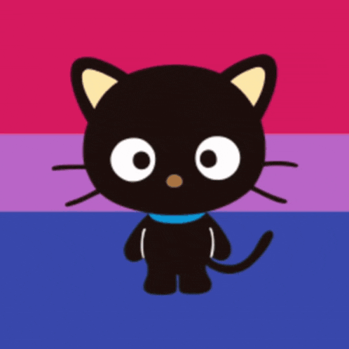 a black cat with a blue collar is standing in front of a pink purple and blue background