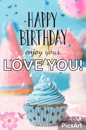 a happy birthday greeting card with a cupcake and balloons