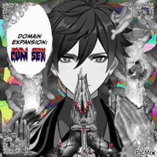 a black and white photo of a man with his hands folded and the words domain expansion cum sex
