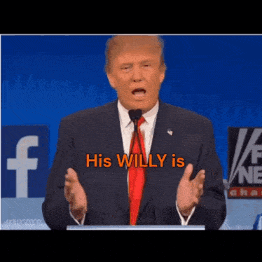 a man in a suit and tie is speaking into a microphone with the words his willy is displayed in orange
