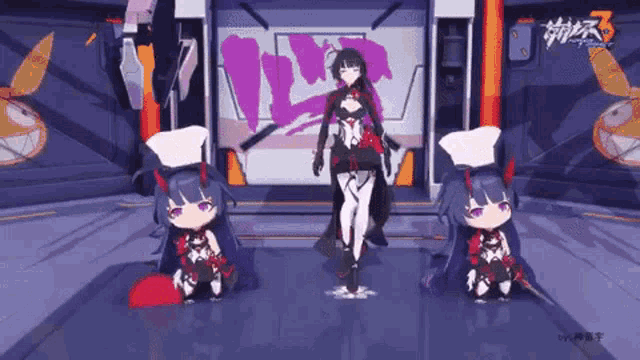 a girl with horns is standing next to two other girls .