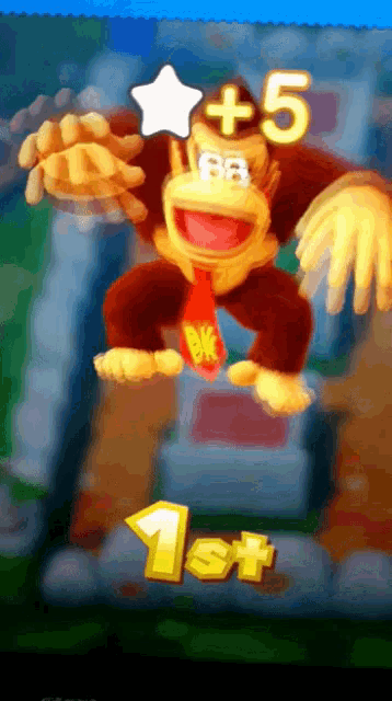 donkey kong is jumping in the air with a star above his head and the number 5 on his head