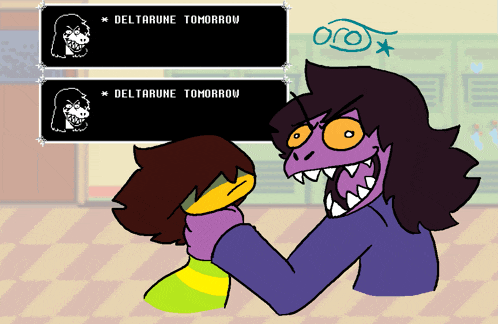 a cartoon drawing of a girl and a monster with the words deltarune tomorrow written on the screen