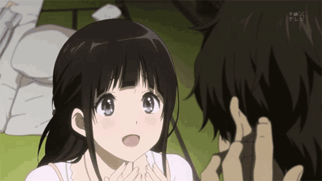 a girl with purple eyes is talking to a man with chinese writing on the bottom