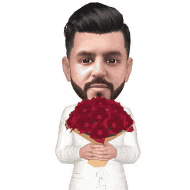 a man with a beard is holding a bouquet of red roses .