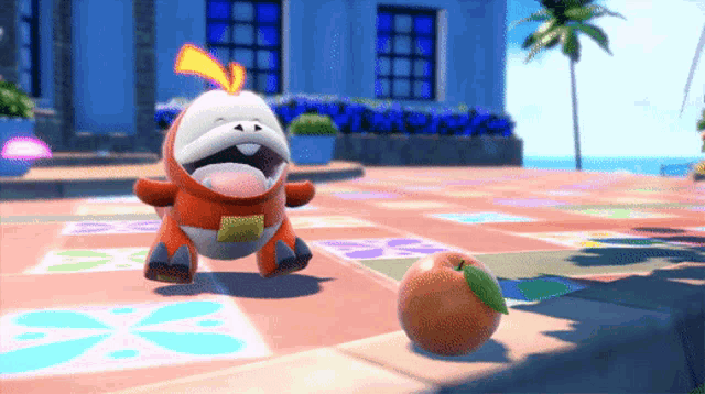 a cartoon character is standing next to an orange on the ground