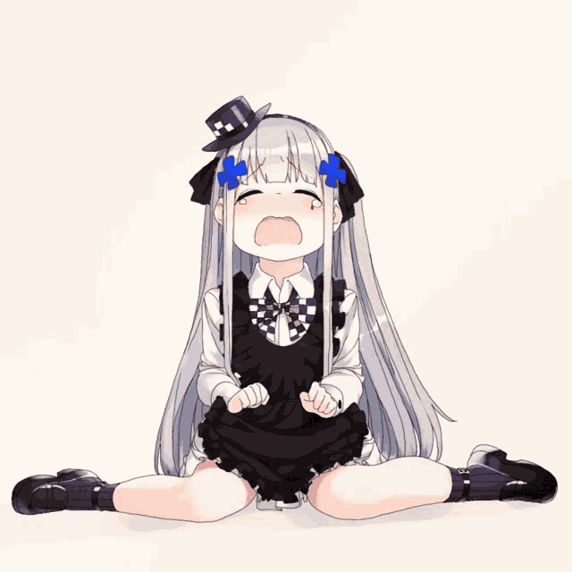 a girl with long white hair and a top hat is sitting on the floor crying