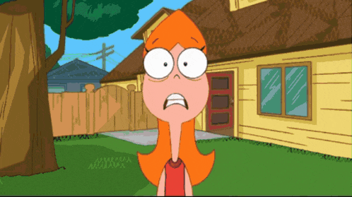 a cartoon of a girl with orange hair standing in front of a yellow house