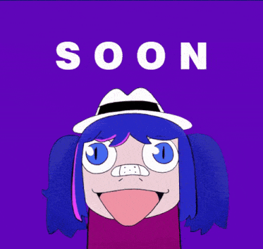 a cartoon of a girl with blue hair and a white hat with the word soon below her