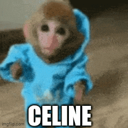a monkey is wearing a blue hoodie and the word celine is above it
