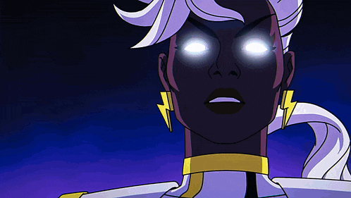 a close up of a cartoon character with lightning bolts on her ears