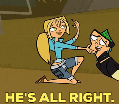 a cartoon of a woman kneeling next to a man with the words he 's all right