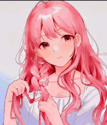 a girl with pink hair is braiding her hair in a braid