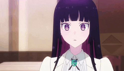 a girl with long black hair and pink eyes is wearing a white dress and a tie .