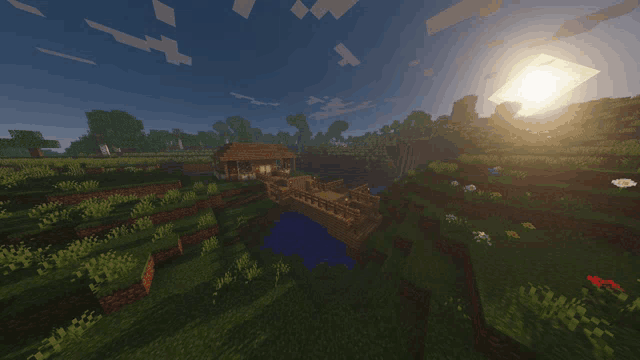 the sun is shining through the clouds over a house in a minecraft world