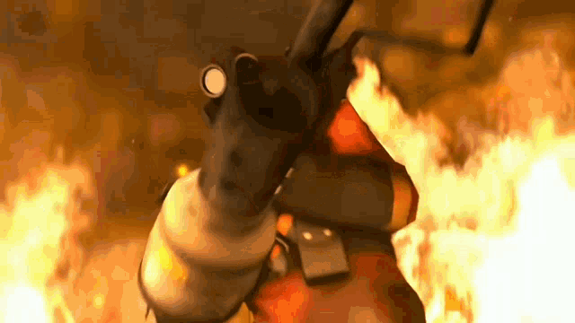 a cartoon character is holding a gun in front of a fire