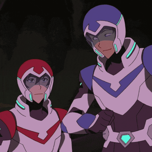 two cartoon characters are standing next to each other and one has a blue helmet on