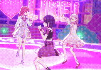 a group of anime girls are dancing on a stage in front of a sign that says like .