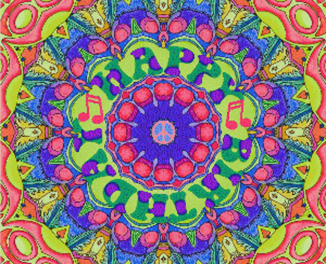 a colorful kaleidoscope with a peace sign and the words " happy pills "