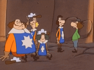 a group of cartoon characters are standing next to each other in a dark room