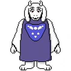 a pixel art drawing of a sheep wearing a purple dress and a blue heart on its chest .