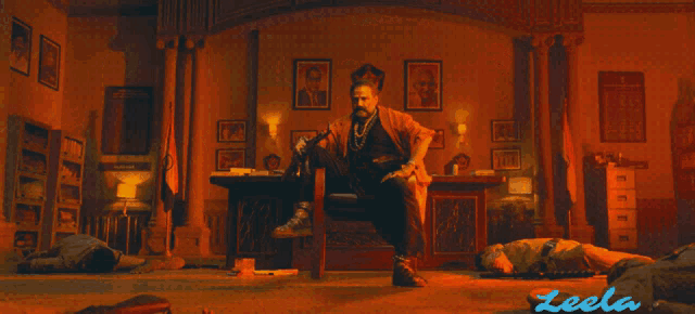 a man sitting in a chair holding a gun with the word leela in blue