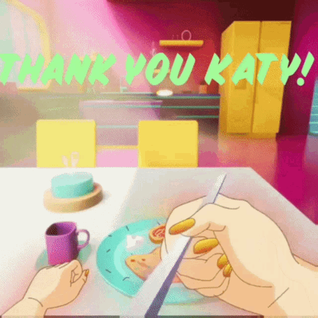 a cartoon of a woman sitting at a table with a plate of food and the words thank you katy above her