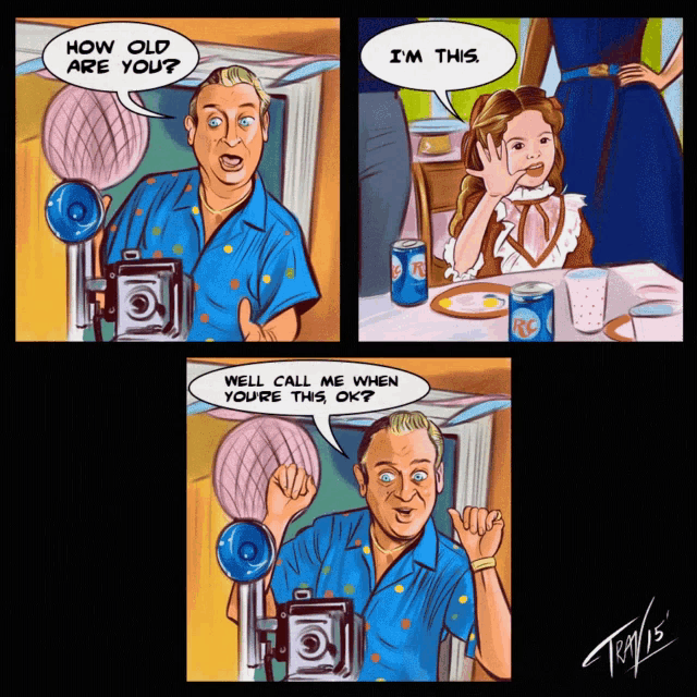a cartoon shows a man talking to a little girl and says how old are you