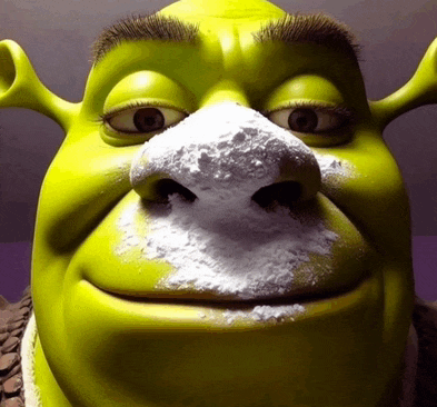 shrek 's nose is covered in white powder and he 's smiling