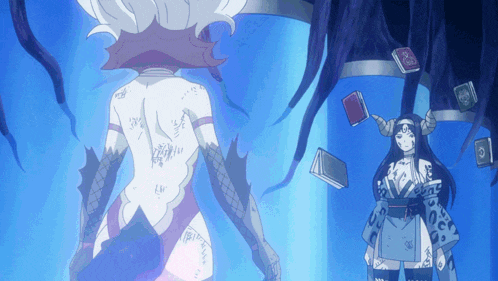 a woman with horns is standing next to another woman with a book that says ' a ' on it