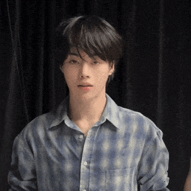 a young man wearing a blue plaid shirt is looking at the camera