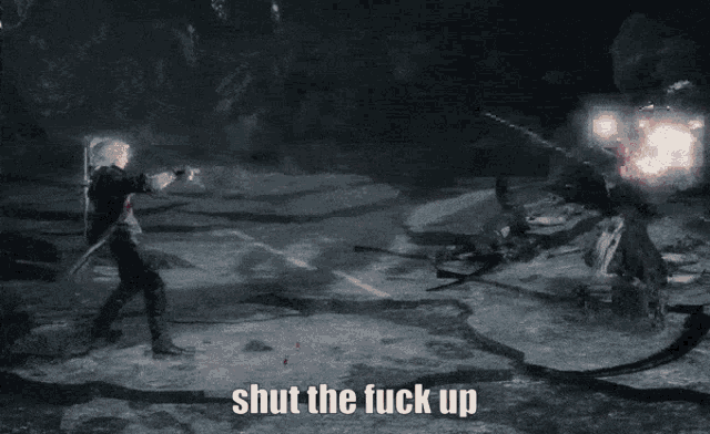 a video game scene with the words shut the fuck up above it