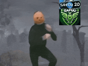a man with a pumpkin on his head stands in front of a safuu 2.0 logo