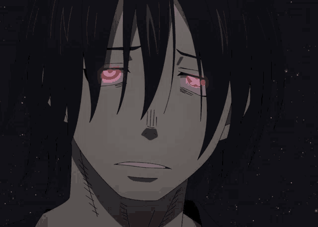 a close up of a person 's face with red eyes and a cross on his forehead