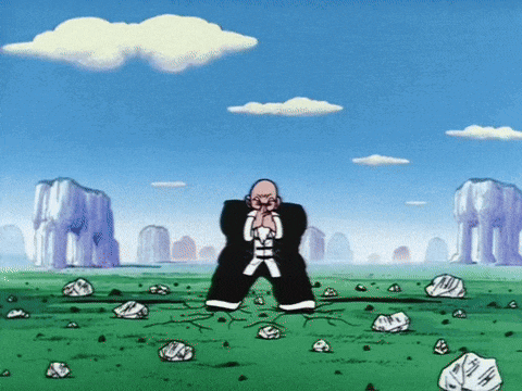 a cartoon of a man standing in a field with rocks and mountains in the background