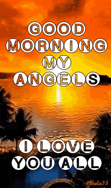 a sunset over a body of water with the words good morning my angels i love you all