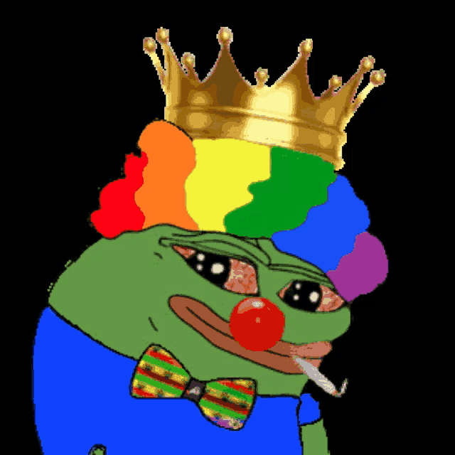 a green clown with a crown on his head and a red nose