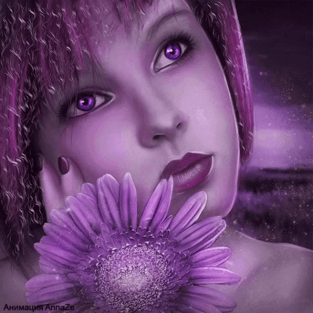 a girl with purple hair is holding a purple flower in her hand