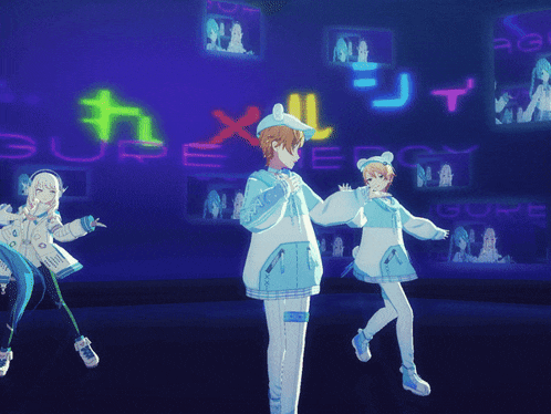 a couple of anime characters standing in front of a neon sign that says " jl "
